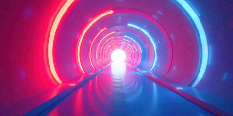 Leinwandbilder - A Futuristic Tunnel Illuminated by Vibrant Pink and Blue Neon Lights, Leading to a Bright Exit