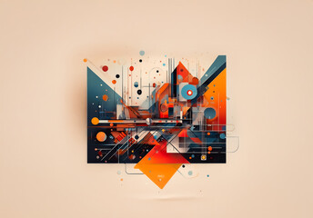 Aufkleber - Abstract digital artwork showcasing a dynamic composition of geometric shapes, lines, and circles in vibrant orange, blue, and red hues against a light backdrop. Modern and artistic design.