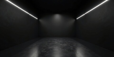Aufkleber - Dark Room with Linear Lighting and Reflective Floor A Minimalist Interior Design Concept