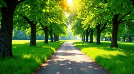 Aufkleber - Sunlit Pathway Through Lush Green Canopy of Trees on a Sunny Day