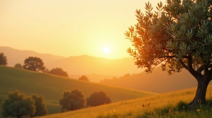 Aufkleber - Golden Hour Serenity A Lone Tree Silhouetted Against a Sunset Over Rolling Hills and Lush Meadows