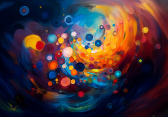 Poster - Abstract swirling artwork with vibrant blue, orange, yellow, and red colors.  Circles of different sizes and hues are scattered within the vortex-like composition.
