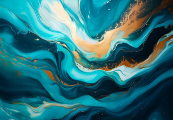 Aufkleber - Elegant abstract art featuring fluid swirls of teal, turquoise, and navy blue hues, accented with shimmering gold veining, creating a luxurious marble-like texture.
