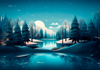 Aufkleber - Serene winter landscape reflecting on calm water under a bright moon. Snow-covered trees and hills create a peaceful, cold, and quiet atmosphere.