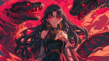 Wall Mural - anime girl with long black hair and red eyes wearing a black dress, surrounded by two large snakes, 