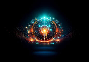 Leinwandbilder - Glowing lightbulb surrounded by circular patterns and radiating lines against a dark background. Bright, futuristic, and energy-themed design.