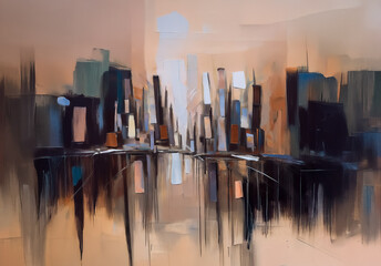 Aufkleber - Abstract cityscape painting with muted tones of beige, brown, and blue. Buildings are silhouetted against a soft, dreamy light, reflected in still water.
