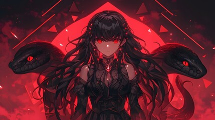 Wall Mural - anime girl with long black hair and red eyes wearing a black dress, surrounded by two large snakes, 