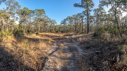 Canvas Print - Sunny forest trail, coastal pines, dry grass, nature background, travel