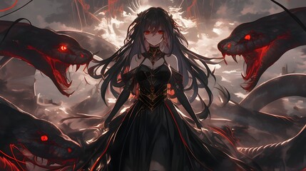 Wall Mural - anime girl with long black hair and red eyes wearing a black dress, surrounded by two large snakes, 