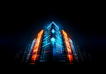 Wall Mural - Futuristic glowing buildings with neon lights illuminate a dark cityscape. Perspective view of vibrant geometric structures creates a dynamic and modern feel.