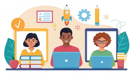Poster - Online training technology, accessible anytime and anywhere Concept. Three diverse individuals working on laptops with educational elements in a colorful, modern setting.