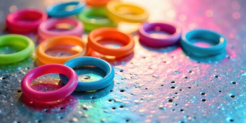 Fototapete - Colorful plastic rings scattered on iridescent surface, vibrant hues reflecting light, close-up view