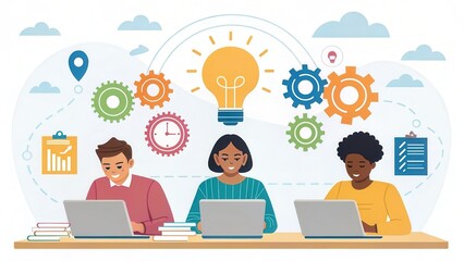 Aufkleber - Online training technology, accessible anytime and anywhere Concept. Three diverse people working on laptops with gears and lightbulbs symbolizing innovation and teamwork.