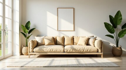 Aufkleber - Sunlit Living Room with Beige Sofa and Tropical Plants Featuring a Blank Frame