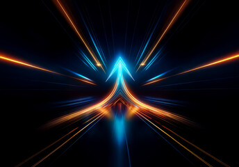 Poster - Abstract futuristic image with vibrant glowing lines converging towards a central point.  Blue and orange light streaks create a dynamic, energetic design against a dark backdrop.
