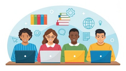Leinwandbilder - Online training technology, accessible anytime and anywhere Concept. Four diverse students working on laptops with educational elements in the background.