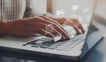 Wall Mural - A close-up of hands typing on a laptop keyboard, surrounded by cloud computing icons, illustrating modern online development and programming solutions in an innovative workspace. XDMCP