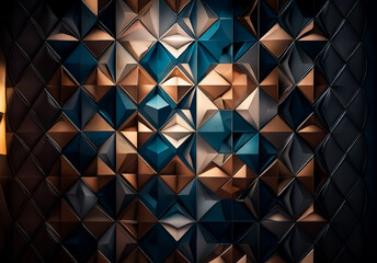 Poster - Abstract geometric backdrop featuring triangles and squares in blue, gold, and black. Reflective, modern, and decorative surface with a complex pattern.