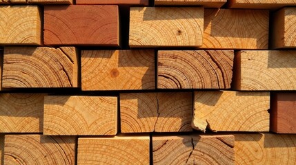Aufkleber - A Stack of Square Lumber Showing Wood Grain Detail and Light and Shadow Effects