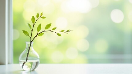 Aufkleber - Serene Spring Branch in Glass Vase by Window with Soft-Focus Green Background