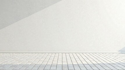 Aufkleber - Empty Room with White Wall and Light Grey Floor Tiles Showing Subtle Sunlight Shadows