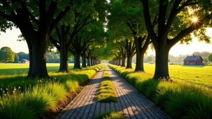 Poster - Serene Pathway Through Lush Green Tree-Lined Avenue Leading to a Rustic Building on a Sunny Day