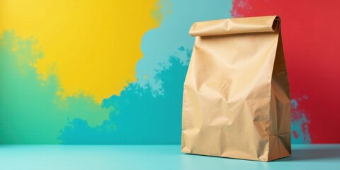 Aufkleber - A Simple Brown Paper Sack Against a Vibrant, Abstract Background of Yellow, Teal, and Red Hues