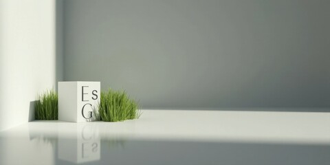 Aufkleber - Minimalist cube with ESG lettering nestled amidst vibrant green grass, bathed in soft sunlight, reflecting serenity and environmental consciousness