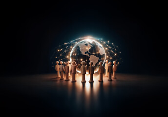 Leinwandbilder - A group of figures encircles a glowing globe with network connections against a dark backdrop, symbolizing global communication, unity, and worldwide collaboration.
