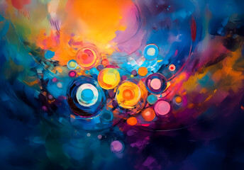 Poster - Abstract painting with vibrant colors and circular shapes. Flowing brushstrokes in blue, orange, yellow, and pink create an energetic artwork.