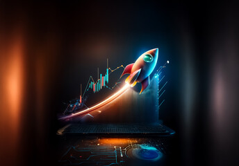 Fototapete - A vibrant rocket launches from a laptop displaying stock charts, symbolizing rapid business growth and financial success in a futuristic digital space.