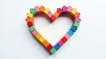 Poster - Colorful Wooden Blocks Arranged in Heart Shape on White Background