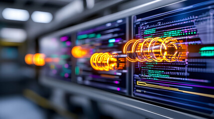 Futuristic screens with coding and light effects