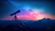 © ABIDZAR ALFAREZ - Telescope on mountain peak, Milky Way backdrop, nighttime astrophotography