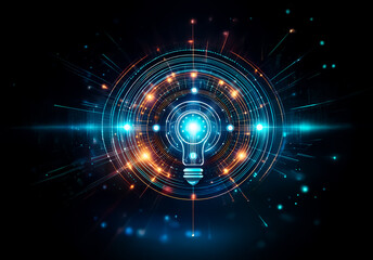Fototapete - Abstract digital artwork displays a central glowing lightbulb surrounded by circular layers with radiating blue and orange light rays and sparkles.