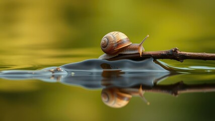 Wall Mural - The snail's shell is visible above the surface of the water as it rests on a twig, wildlife, snail