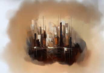 Aufkleber - Abstract cityscape with brown, beige, white tones. Painterly, hazy style evokes an industrial or muted atmosphere.