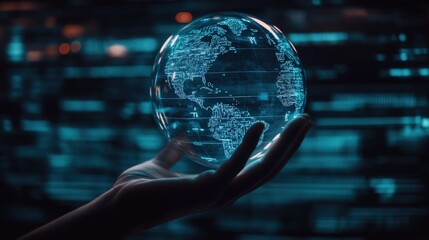 Hand holding a glowing digital Earth globe.