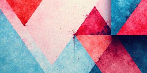 Fototapete - Abstract Geometric Composition Featuring Interlocking Triangles in Vibrant Hues of Red, Pink, and Blue with a Textured, Watercolor Effect