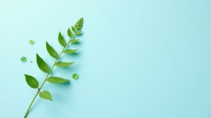 Aufkleber - A sprig of vibrant green leaves with translucent spheres on a light blue background, symbolizing nature's purity and freshness.