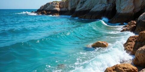 Sticker - Blue water lapping against a rocky shoreline in a secluded cove, natural, wave, water