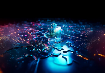 Aufkleber - A transparent puzzle piece stands upright on a textured surface, bathed in blue and purple light.  The scene is abstract and futuristic, with a digital, glowing aesthetic.