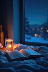 Wall Mural - Serene night scene with glass of water and book beside bed, bedtime, sleep, peaceful