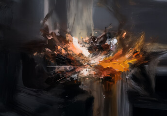 Poster - Abstract artwork featuring a central explosion of warm colors like orange and yellow against a dark, moody background. Dynamic brushstrokes create a sense of movement.