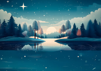 Poster - A serene night landscape featuring a tranquil lake reflecting a starry sky and silhouetted trees. A soft glow illuminates the horizon creating a peaceful nature scene.
