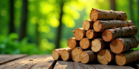 Aufkleber - Neatly Stacked Logs Resting on Rustic Wooden Surface in a Sunlit Forest