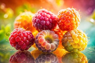 Wall Mural - Vibrant Close-Up of Six Colorful Raspberries - Double Exposure Photography