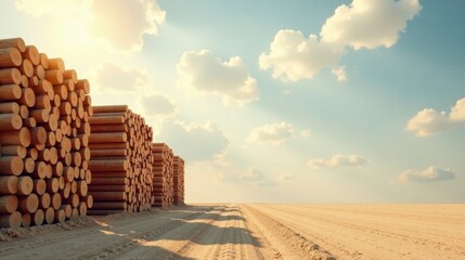 Aufkleber - Wooden logs stacked in a desert landscape under a bright sky, awaiting transport or processing.