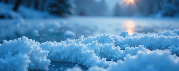 Sticker - Tiny blue snowflakes dance on the surface of a frozen lake, snowfall, frozen water